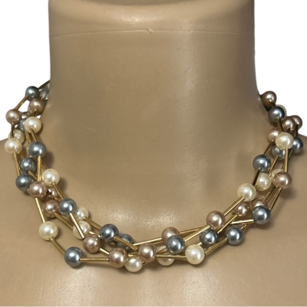Vintage 80s Avon Floating Pearl Necklace 4 Strands Gold gray mauve cream 16"